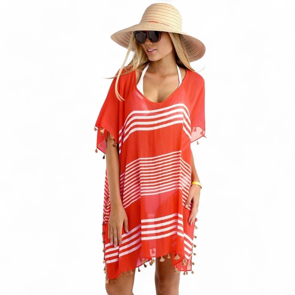 Seafolly Coral and White Striped Swim Coverup